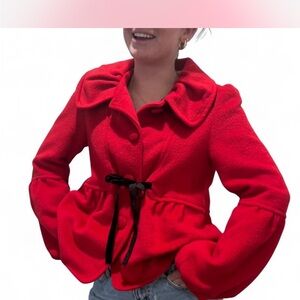Vintage Red Peplum Coat Jacket Black Velvet Bow Detail Size S